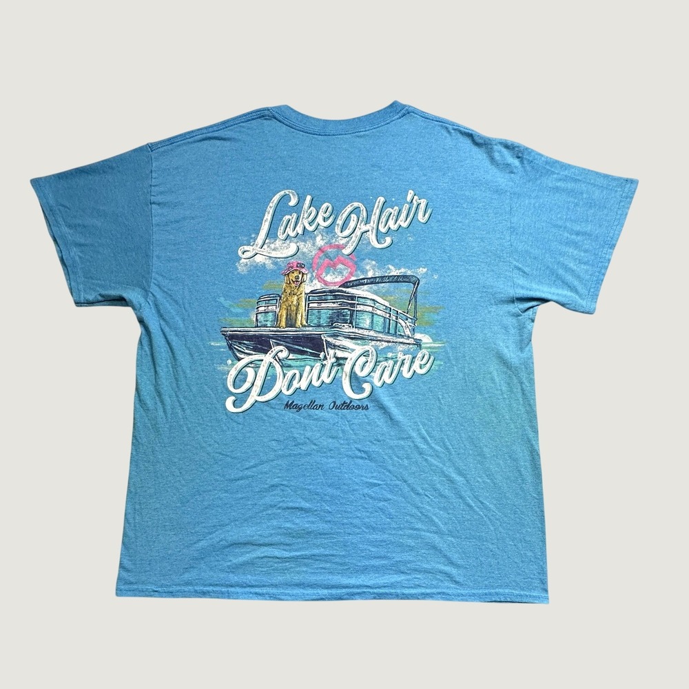 Magellan Outdoors T-Shirt Mens XL Blue Lake Hair Don't Care Dog Pontoon Boat Tee
